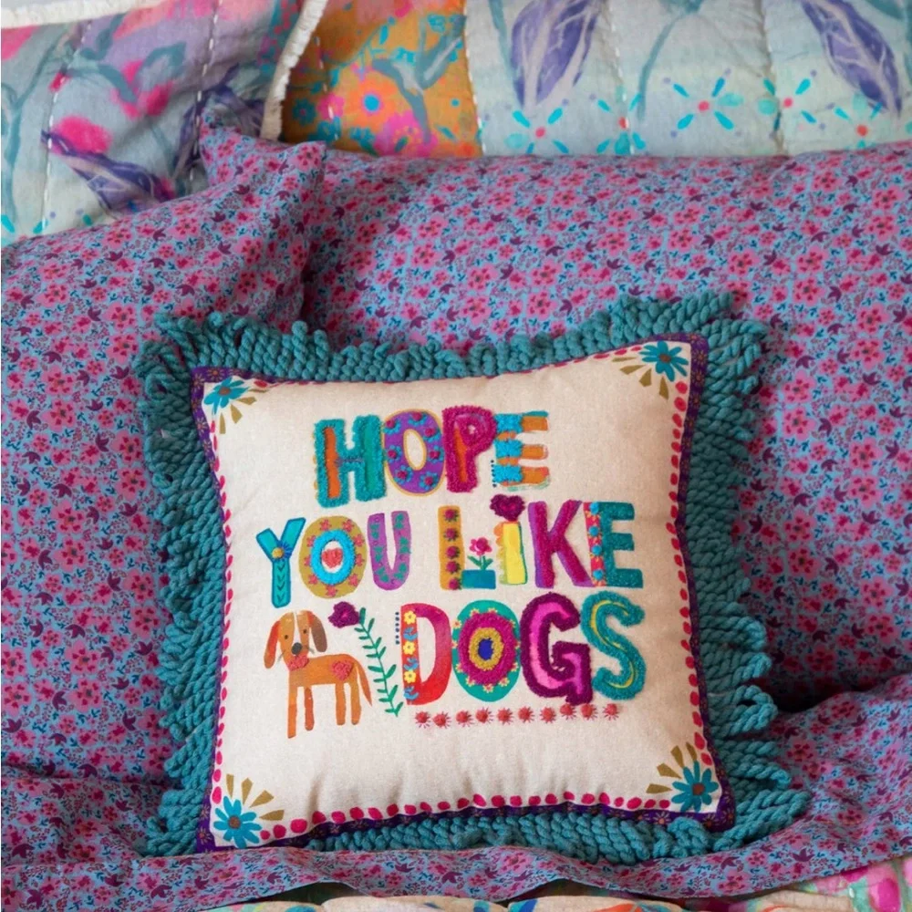 Natural Life Boho Tufted Pillow Hope You Like Dogs with Colorful Fringe - Picture 4 of 13